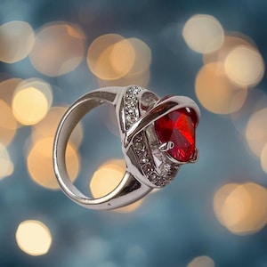Ruby Red Statement Ring, Silver Plated Cocktail Ring, Anniversary Gift for Her, Vintage Jewelry