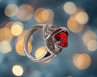 Bague tendance rouge rubis, bague de cocktail en plaqué argent, cadeau d'anniversaire pour elle, bijoux vintage