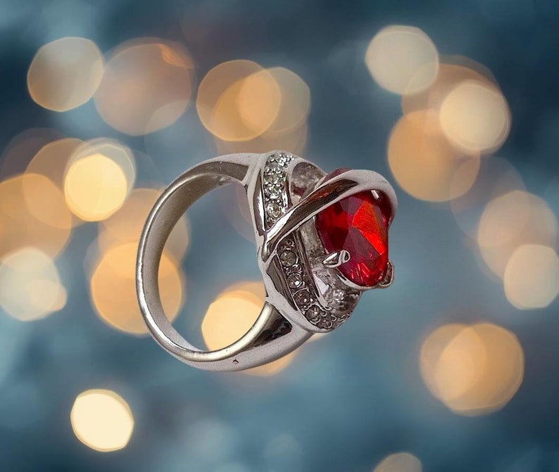 Ruby Red Statement Ring, Silver Plated Cocktail Ring, Anniversary Gift for Her, Vintage Jewelry