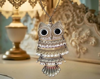 Vintage Owl Necklace Silver Tone Statement Pendant Long Chain, Art Deco, Vintage Jewelry Gift