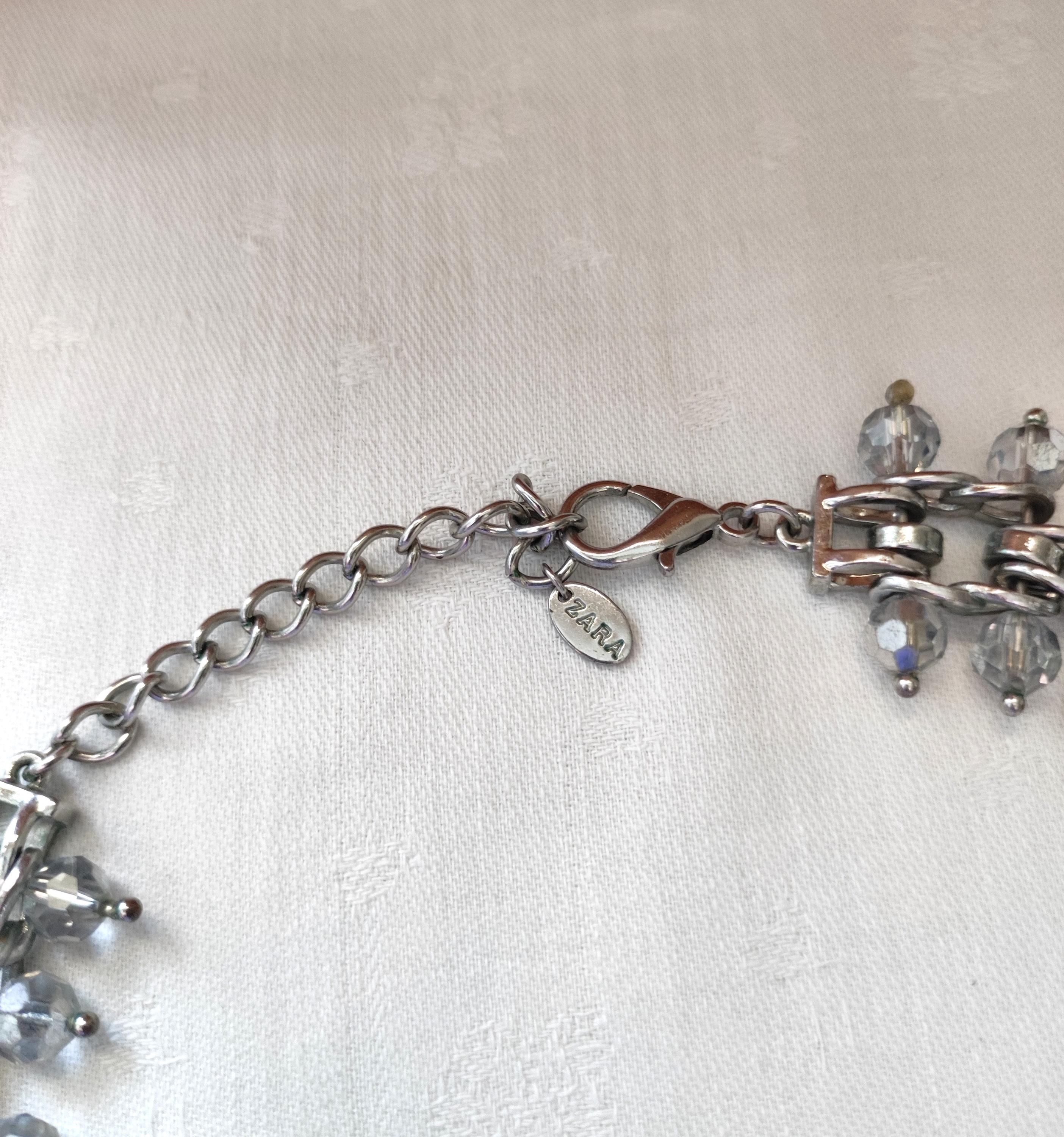 ZARA Statement Necklace, Silver Tone Chunky Chain With Grey 