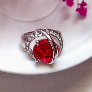 Ruby Red Statement Ring, Silver Plated Cocktail Ring, Anniversary Gift for Her, Vintage Jewelry