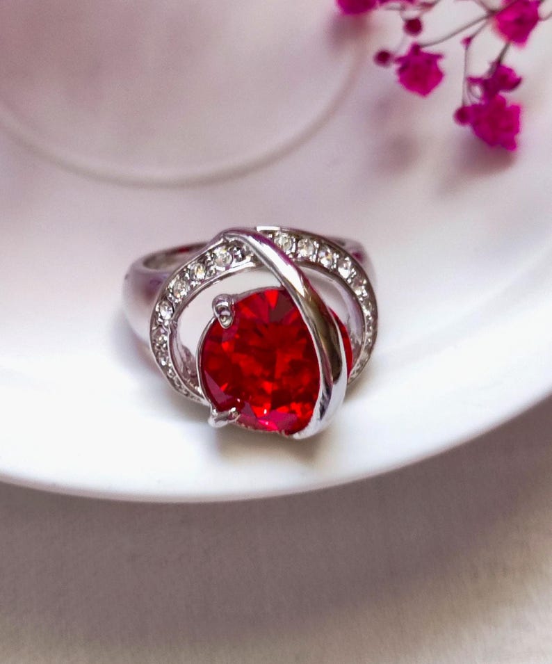 Ruby Red Statement Ring, Silver Plated Cocktail Ring, Anniversary Gift for Her, Vintage Jewelry