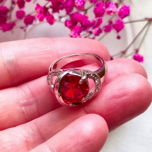 Ruby Red Statement Ring, Silver Plated Cocktail Ring, Anniversary Gift for Her, Vintage Jewelry