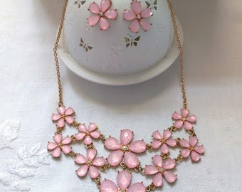 Pink Flower Collar Necklace and Earrings Set, Romantic Statement Jewelry, Gift for Her