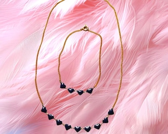 Vintage Gold Tone Heart Jewelry Set, Navy Blue Enamel Heart Necklace and Bracelet, Romantic Retro Jewelry for Her