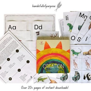 May include: A collection of educational materials, including alphabet cards, animal flashcards, and a book titled "Creation." The book features a rainbow and sun design. The image also includes the text "Over 20+ pages of instant downloads!"