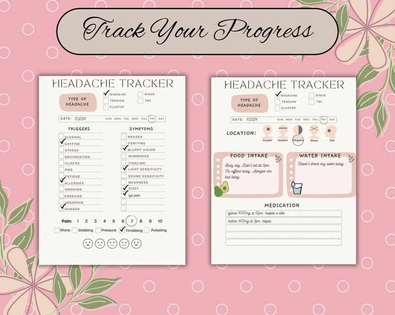 Headace Patterns Digital Printable Headache Tracker, Migraine Cluster Tension Headaches ...