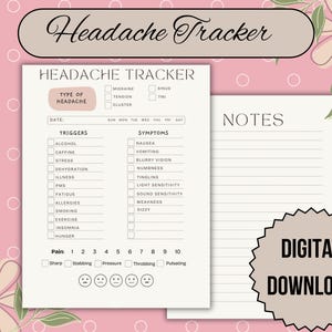 Op de afbeelding: Printbare hoofdpijn tracker met secties voor datum, type hoofdpijn, triggers, symptomen en notities. De tracker bevat een pijnschaal van 1 tot 10 met opties voor scherpe, stekende, druk, kloppende en pulserende pijn.