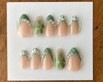 Green and Pearl French Tip Press on Nail Set