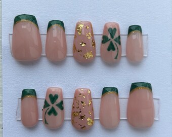 Four Leaf Clover Green & Gold St. Patty’s Themed Press On Nail Set