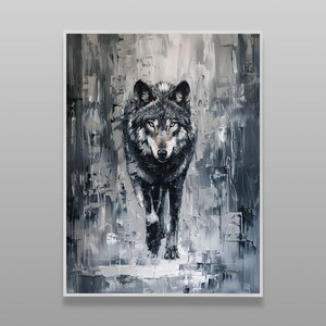 May include: A black and white painting of a wolf with a textured background. The wolf is looking directly at the viewer.