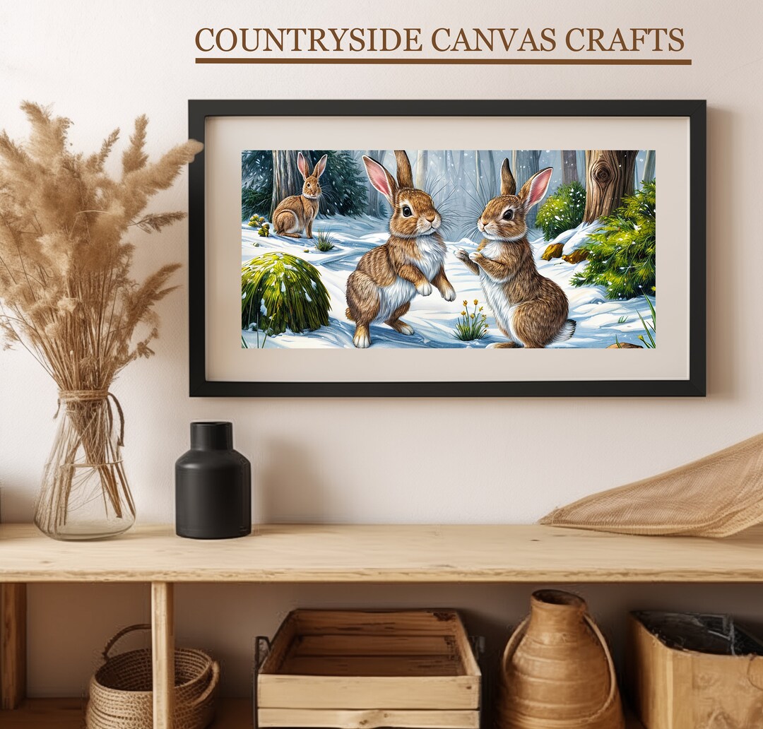 Printable Winter Painting Depicts Rabbits Playing in the Snow With ...