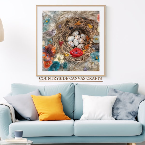 Printable Easter watercolor of a bird's nest is fill with flowers & eggs, exotic birds, Wall Art Digital Download : E0006