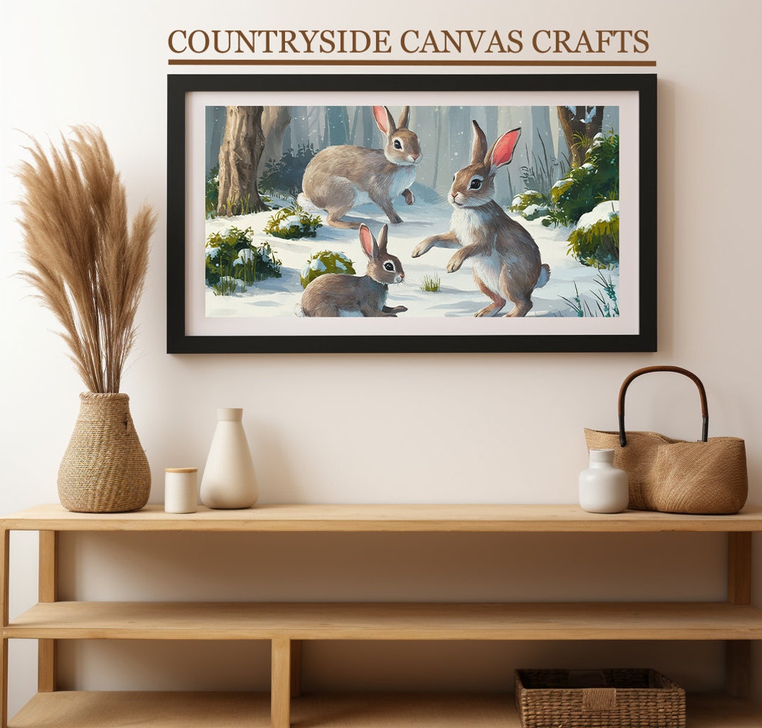 Printable Winter Painting Depicts Rabbits Playing in the Snow With ...