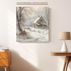 May include: A painting depicting a snowy winter scene with a small wooden house in the background. The house has a snow-covered roof and a fence in front of it. There are trees in the foreground, and a path leads to the house.