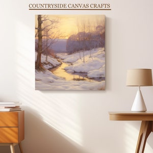 May include: A painting depicting a snowy winter scene with a meandering stream in the foreground. The sun is setting in the distance, casting a warm glow across the landscape. The trees are bare and the snow is pristine white.