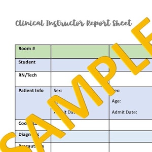 Puede incluir: Una hoja de informe de instructor clínico con secciones para información del estudiante, información del paciente, notas del paciente y notas del estudiante. La hoja incluye campos para el número de habitación, el nombre del estudiante, RN/Tech, el sexo del paciente, la edad, la fecha de admisión, el historial, los análisis de laboratorio, las órdenes, I&O, ADLs/Safety, la administración de medicamentos y las habilidades practicadas.