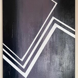 May include: Abstract painting with a black and white geometric design on a dark purple background.