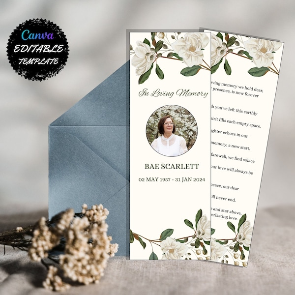 Editable Funeral Bookmark Template on Canva, Memorial Bookmark Template with White Roses, Digital Instant Download & Printable