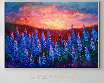 Atmoshperic Painting Beautiful Sunrise Blue Meadow, Vintage Art, Abstarct, Cozy, Pink Sky  - Digital Art Download