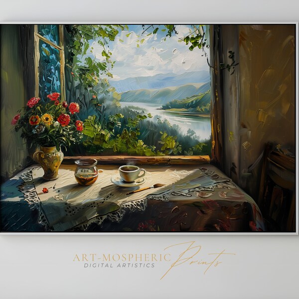 Old Oil Painting Of Interior, Table With Flowers, Coffee On It, Open Window Overlooking Green Mountains And River - Digital Art Download