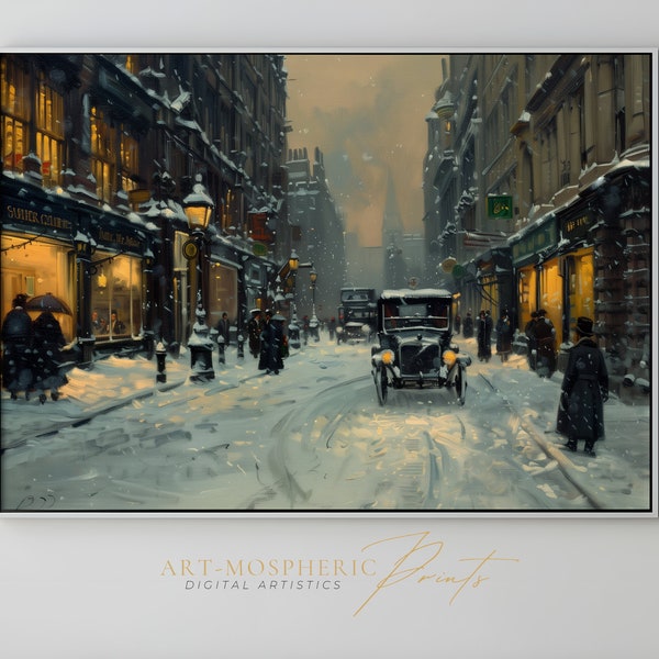 Vintage Atmospheric Painting Of An Old City In The Industrial Era, Snowy Streets In Winter, Illuminated Shop Windows - Digital Art Download