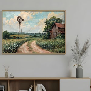 Vintage Oil Painting, Old Farm Windmill And Barn, Dirt Road Leading Into Distance, Cornfield With Tall Green Plants Digital Art Download image 2