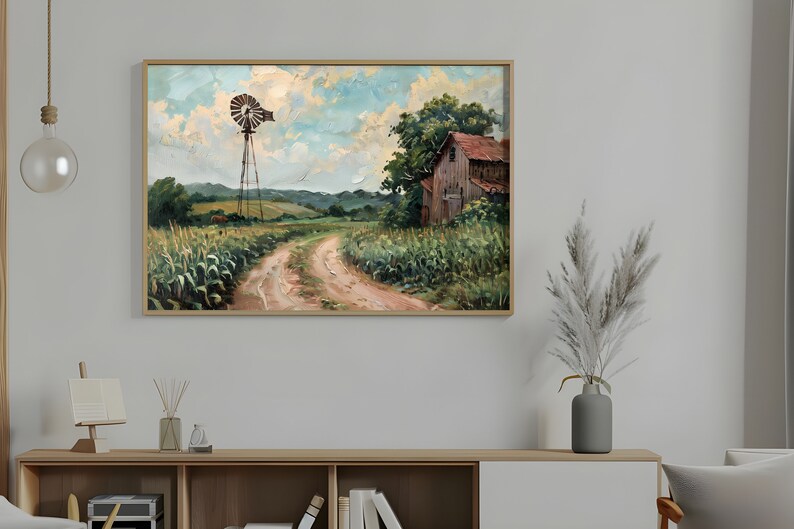 Vintage Oil Painting, Old Farm Windmill And Barn, Dirt Road Leading Into Distance, Cornfield With Tall Green Plants Digital Art Download image 2