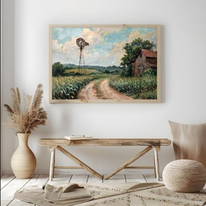 Vintage Oil Painting, Old Farm Windmill And Barn, Dirt Road Leading Into Distance, Cornfield With Tall Green Plants Digital Art Download image 5