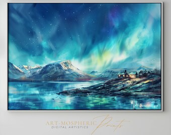 A Beautiful Norweigan Landscape With Aurora Borealis Shining In The Night Sky - Digital Art Download