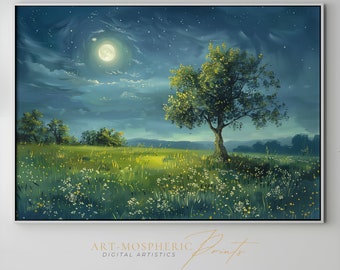 Atmoshperic Painting Night Tree Meadow, Full Moon With Stellar Sky - Digital Art Download