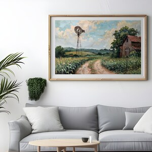 Vintage Oil Painting, Old Farm Windmill And Barn, Dirt Road Leading Into Distance, Cornfield With Tall Green Plants Digital Art Download image 4