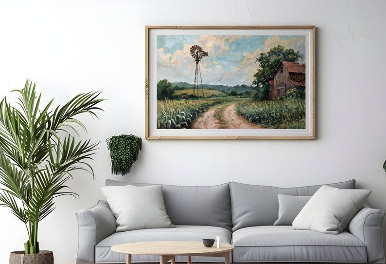 Vintage Oil Painting, Old Farm Windmill And Barn, Dirt Road Leading Into Distance, Cornfield With Tall Green Plants Digital Art Download image 4