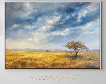 A Sunny Savanna Plains, Clouds in the Sky, A Single Tree. Safari Vibes, Warm Atmoshpere Oil Painting - Digital Art Download