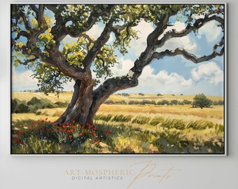 Vintage Oil Painting Of An Oak Tree In The Middle Of Field, Wide Shot, Sunny Day, Green Grass And Poppies Around It - Digital Art Download