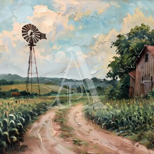 Vintage Oil Painting, Old Farm Windmill And Barn, Dirt Road Leading Into Distance, Cornfield With Tall Green Plants Digital Art Download zdjęcie 6