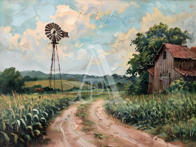 Vintage Oil Painting, Old Farm Windmill And Barn, Dirt Road Leading Into Distance, Cornfield With Tall Green Plants Digital Art Download image 6