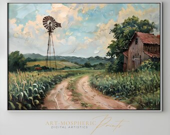 Vintage Oil Painting, Old Farm Windmill And Barn, Dirt Road Leading Into Distance, Cornfield With Tall Green Plants - Digital Art Download
