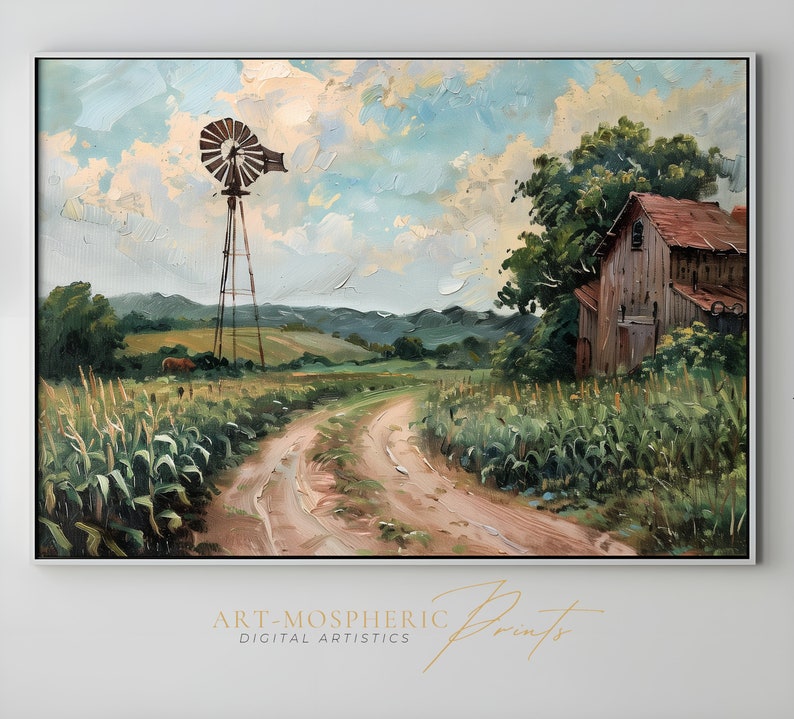 Vintage Oil Painting, Old Farm Windmill And Barn, Dirt Road Leading Into Distance, Cornfield With Tall Green Plants Digital Art Download zdjęcie 1