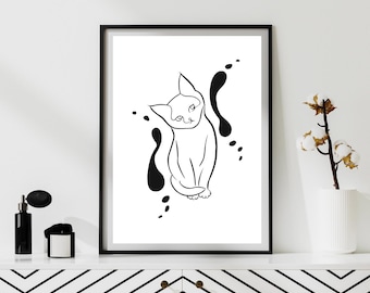 Kat zeer fijne tekeningen, digitale download, minimalistische muurkunst, kattenkunst, woonkamerkunst, minimalistische kattenomtrek