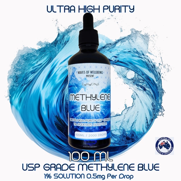 Methyleenblauw - 100 ml, 1% oplossing, ultrahoge zuiverheid, USP-kwaliteit, druppelflesje, Australische verkoper, golven van welzijn