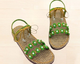 handgemaakte sandalen met enkelbandjes met kralen, gevlochten zomerflats, linnen zool, veelkleurig