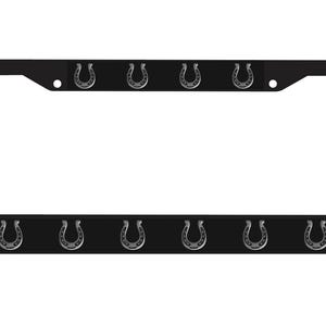 May include: Black license plate frame with silver horseshoe accents. The frame has a rectangular shape with rounded corners and a cutout for the license plate. The horseshoes are evenly spaced along the top and bottom edges.