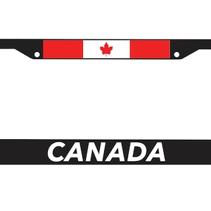 May include: Black license plate frame with a red and white Canadian flag and the word "CANADA" in white letters.