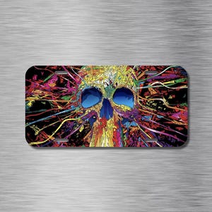 May include: License plate featuring a colorful, abstract skull design. The skull's eye sockets are blue, with a vibrant array of red, yellow, purple, and green lines radiating outwards against a black background. The plate has four mounting holes.