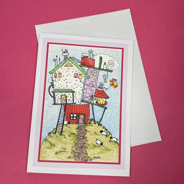 4 Whimsical Notecards, Blank Greeting Art Card, All Occasion Whimsy Blank Cards, Mini Print , Set of 4, Silly Houses, Bo Peep, Comical #83