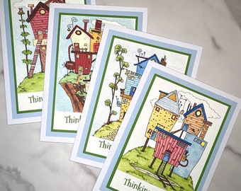 Set of 4 Whimsical houses - Thinking of You Note Cards,  Blank Inside Comical Cards, Family and Friends,  Thoughtful 5x7 Cards, Set YOU3