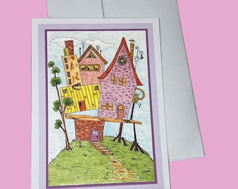 4 Whimsical Notecards, Blank Greeting Art Card, All Occasion Whimsy Blank Cards, Mini Print , Set of 4, Silly Houses, Comical Drawings #82