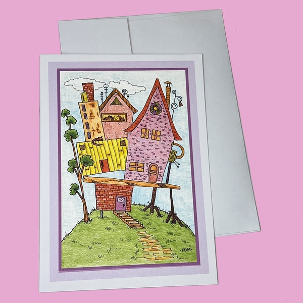 4 Whimsical Notecards, Blank Greeting Art Card, All Occasion Whimsy Blank Cards, Mini Print , Set of 4, Silly Houses, Comical Drawings #82